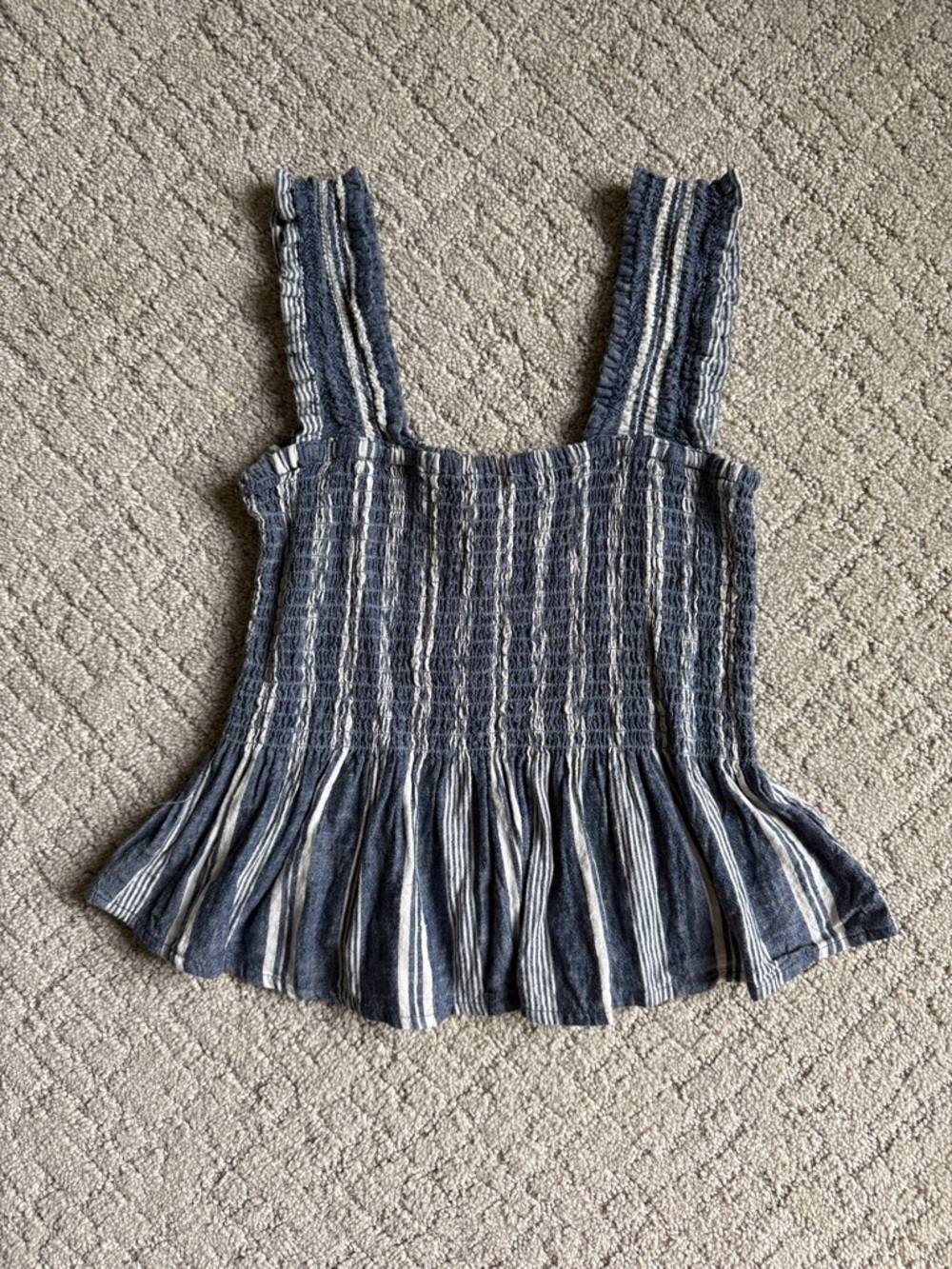 Anthropologie Navy and White Striped Smocked Peplum Cami